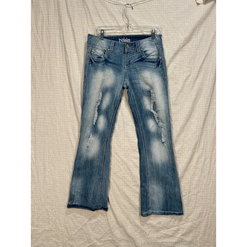 Reign Womens Low Rise Bootcut Distressed Jeans Medium Wash Size 9 regular #2164